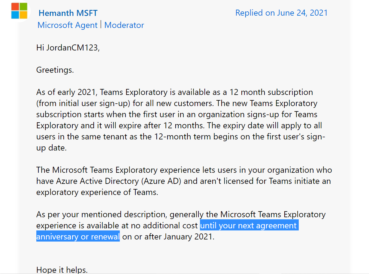 微软官方回复Teams Exploratory Trial的使用期限2853年